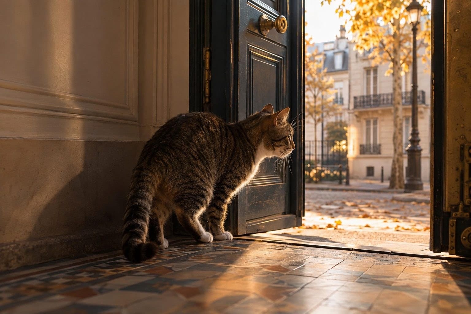 Un chat gris tabby assis près d'une porte d'entrée entrouverte d'un immeuble parisien en automne, prêt à s'échapper
