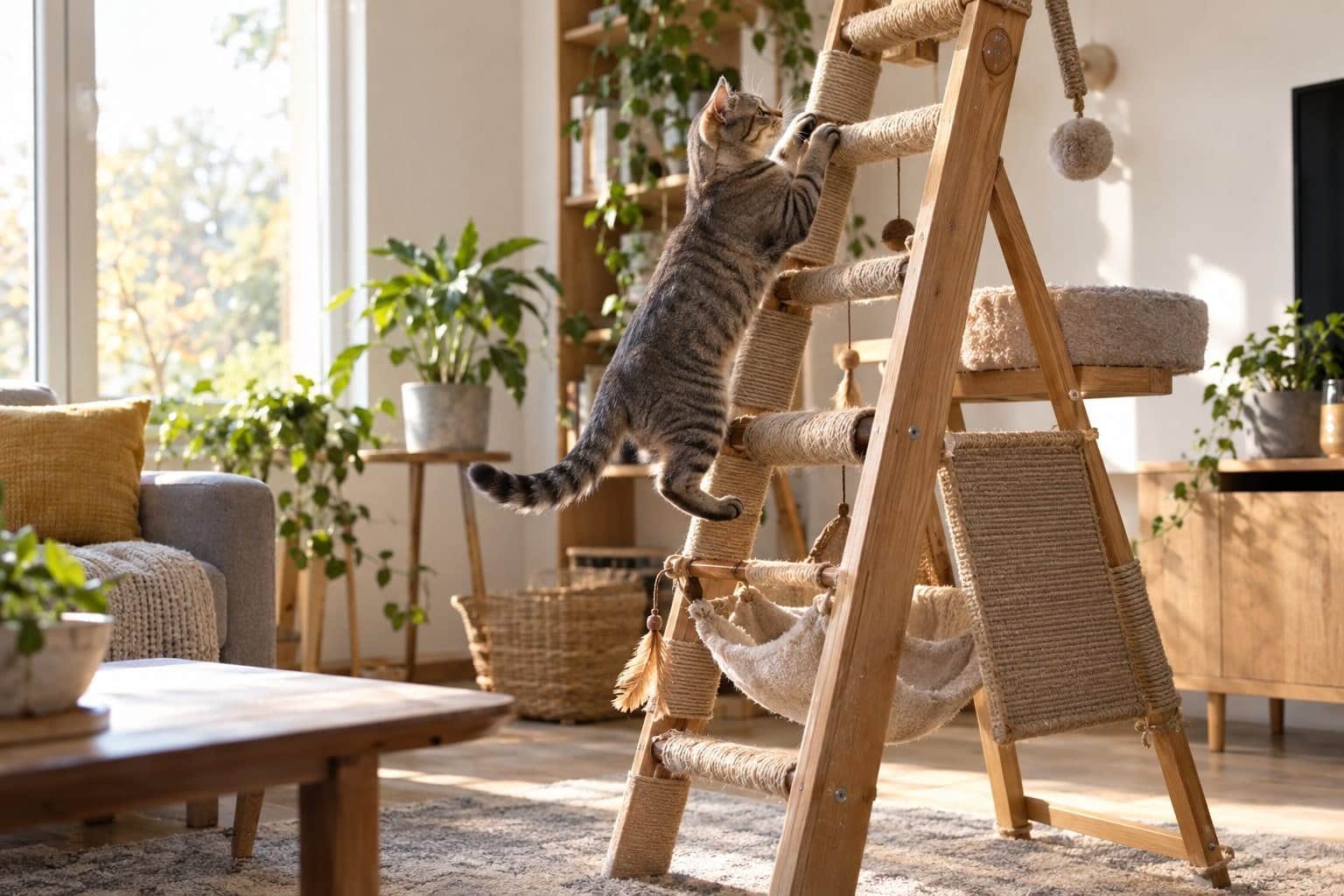 Un arbre à chat fait maison avec une échelle en bois, garni de sisal et de jouets, dans un intérieur moderne avec un chat gris qui grimpe dessus