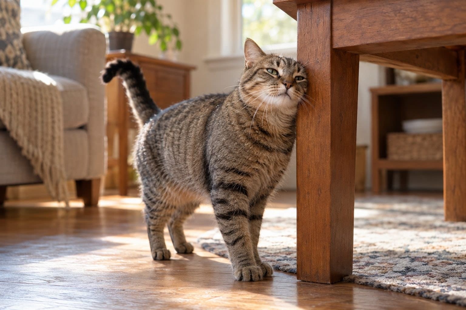 Chat gris se frottant contre un meuble en bois
