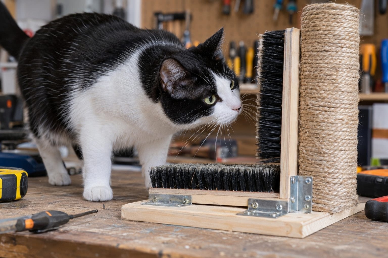Chat noir et blanc examinant un grattoir en construction