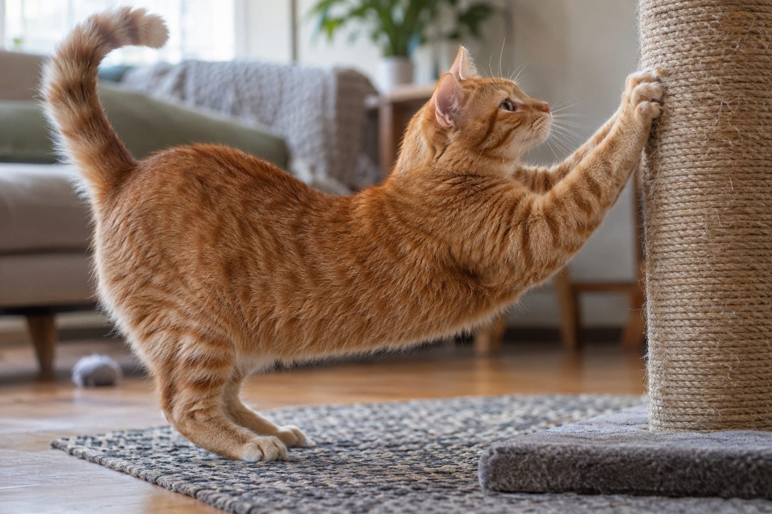 Chat roux utilisant ses griffes sur une surface texturée