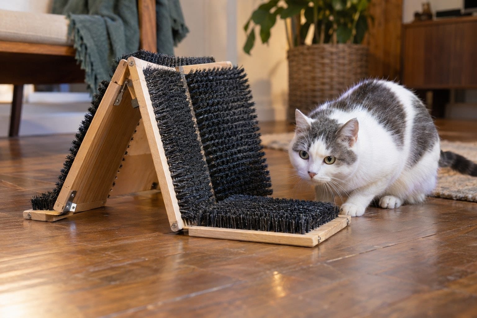 Chat blanc et gris accroupi près d'un grattoir angulaire