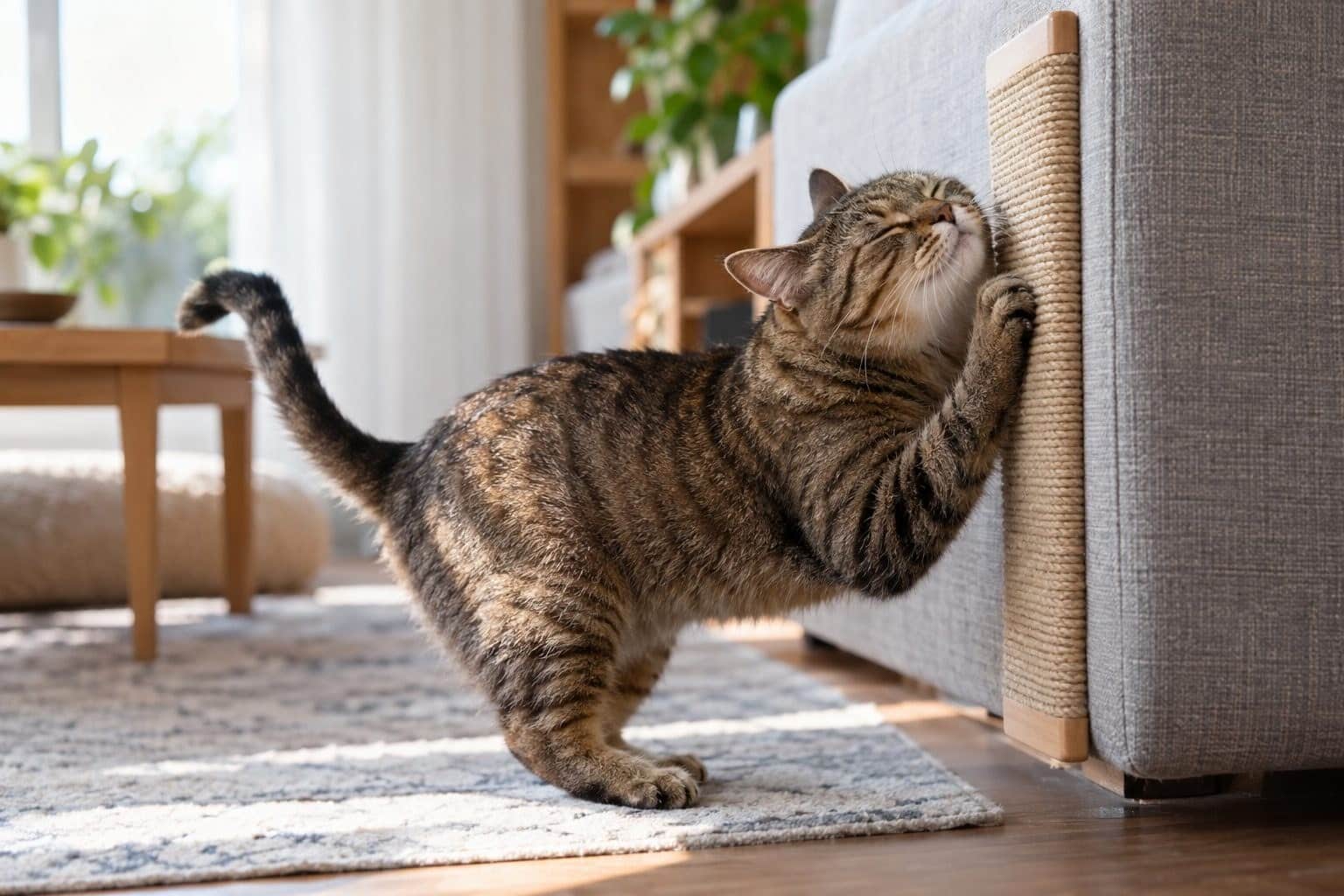 Chat tigré satisfait utilisant le grattoir finalisé