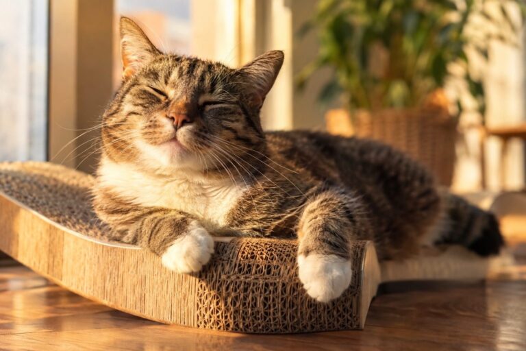 Chat ronronnant confortablement près de son grattoir personnalisé