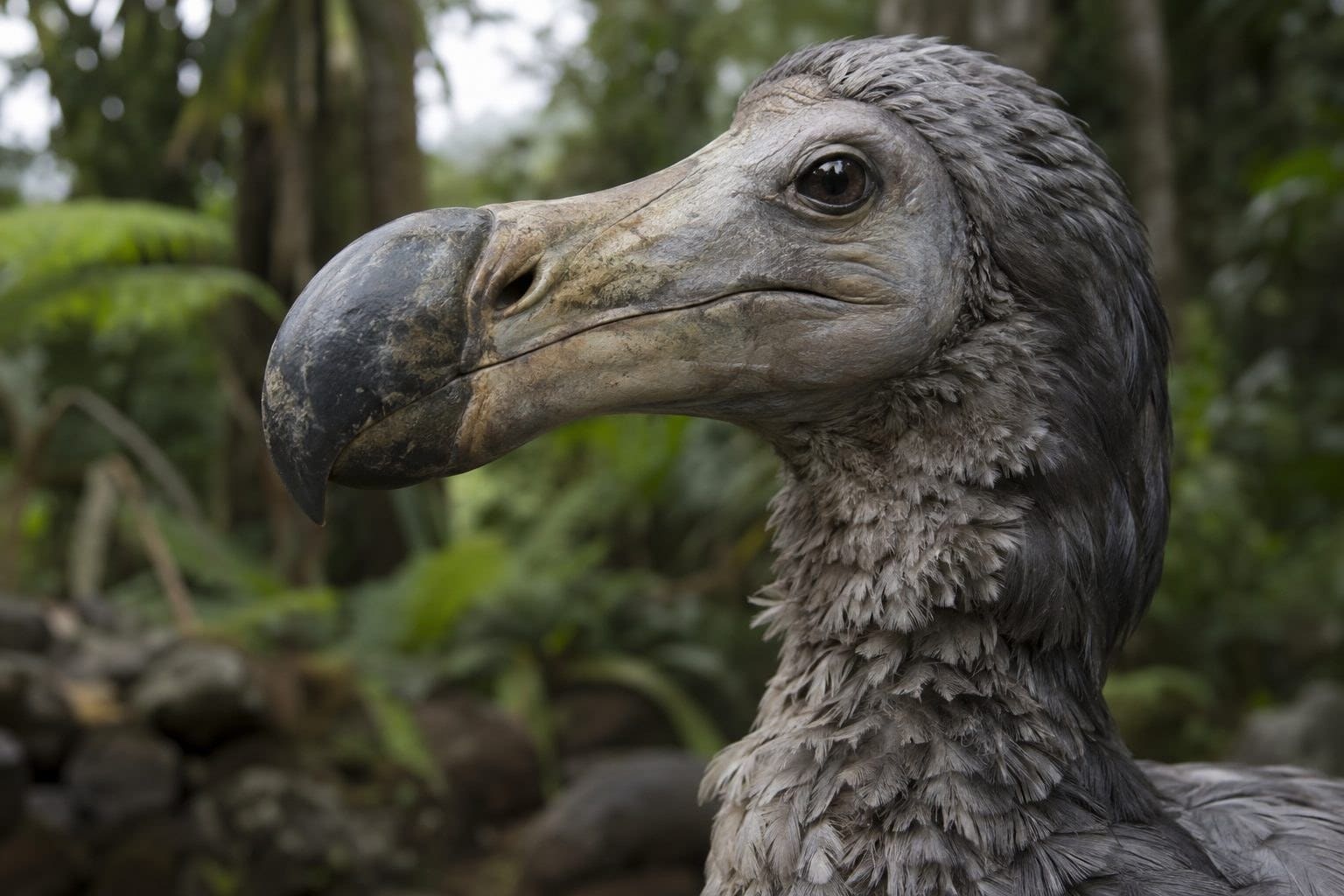 Gros plan de la tête d'un dodo montrant ses traits caractéristiques