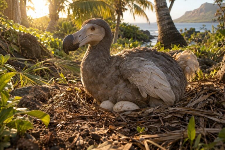 Une femelle dodo couvant ses œufs au sol dans son nid