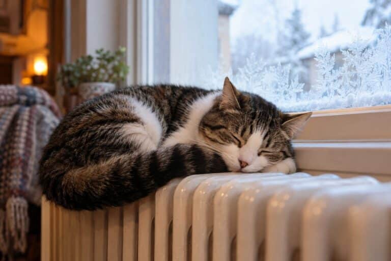 Un chat domestique allongé confortablement sur un radiateur près d'une fenêtre en hiver, avec givre visible sur les vitres en arrière-plan