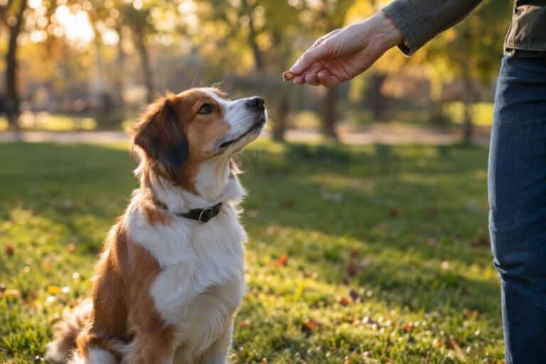 Un maître récompensant son chien avec une friandise lors d'une promenade en parc