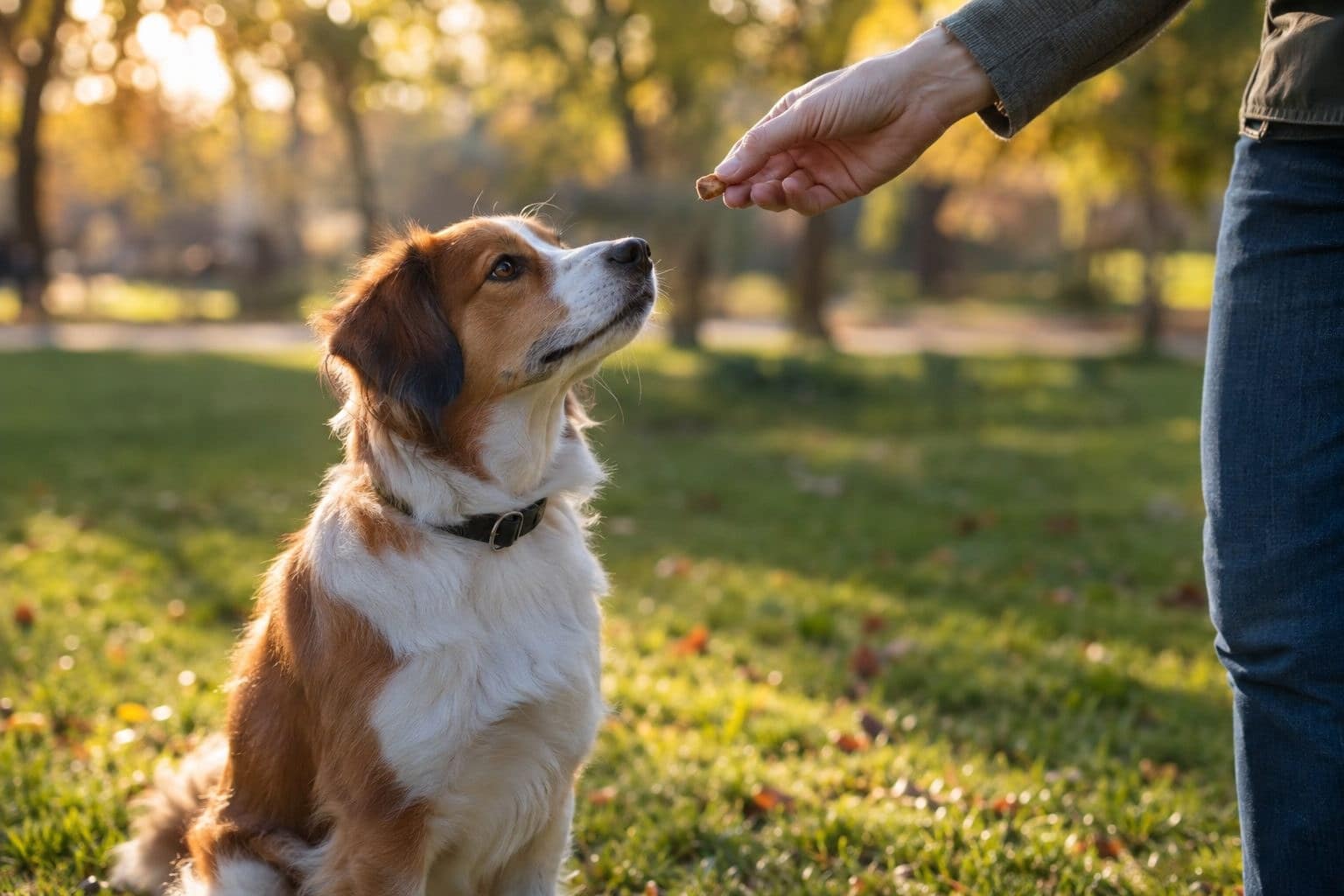 Un maître récompensant son chien avec une friandise lors d'une promenade en parc