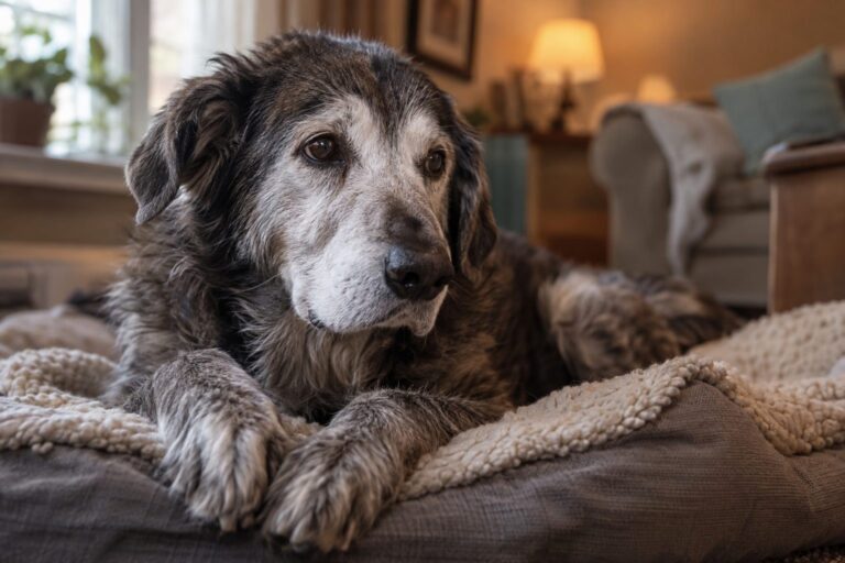 Portrait d'un chien âgé aux poils gris, assis ou couché dans un intérieur douillet, avec une expression douce et fatiguée caractéristique de l'âge avancé