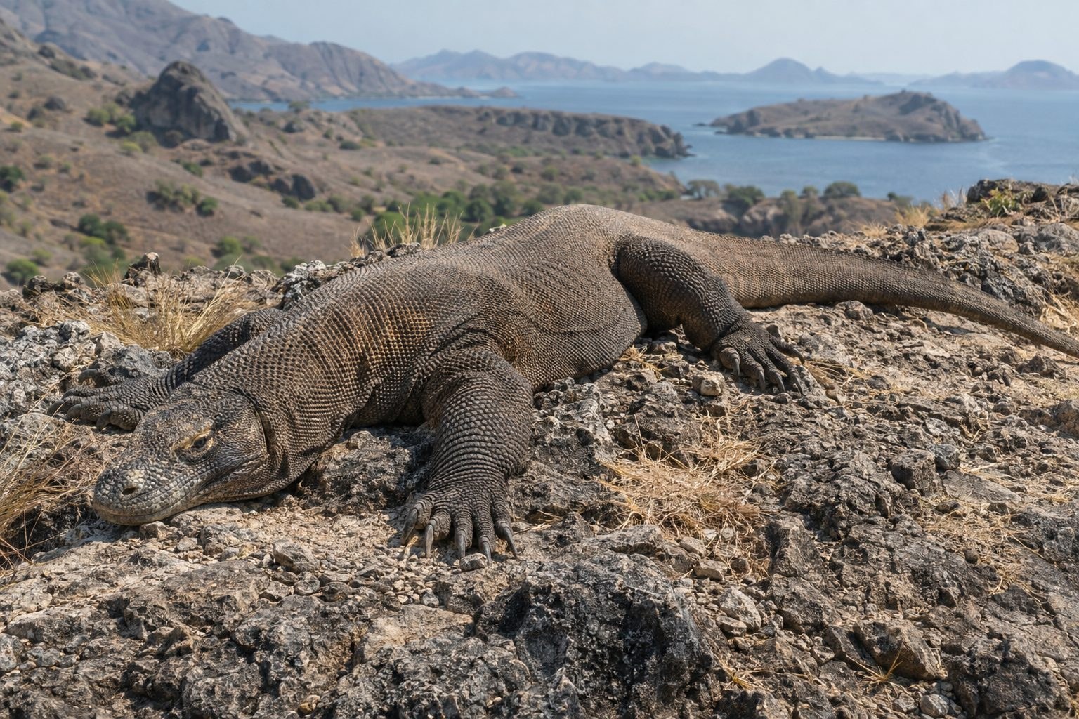 Dragon de Komodo adulte en position de repos sur le sol rocheux de son habitat