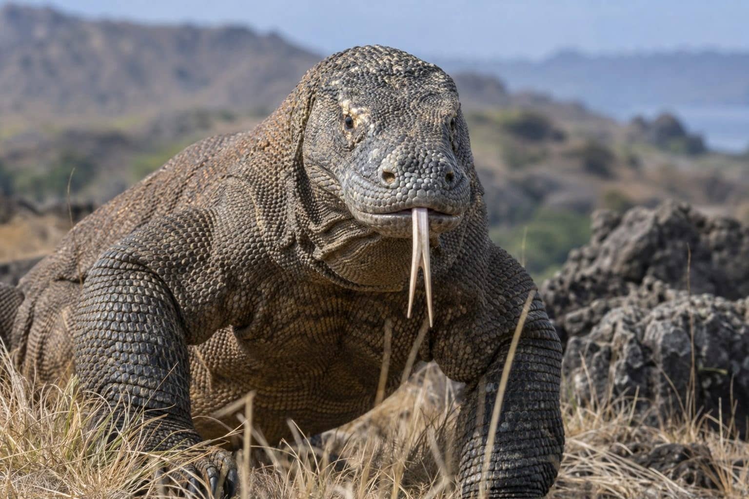 Dragon de Komodo de face montrant sa taille massive et ses écailles imposantes