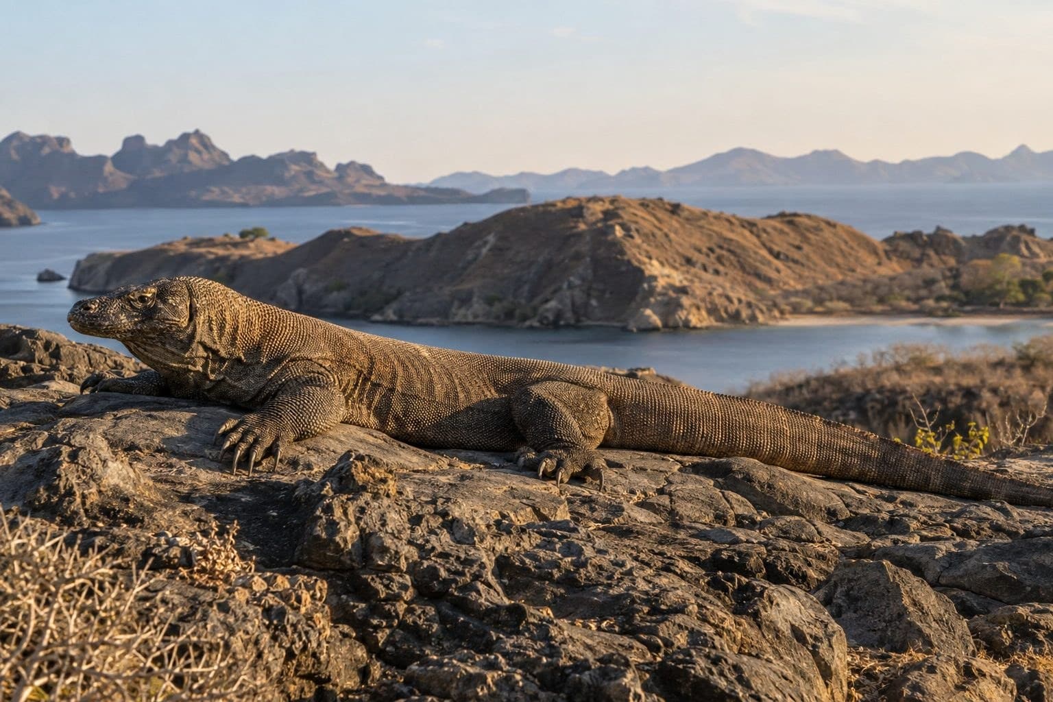 Dragon de Komodo immobile basking au soleil sur des rochers volcaniques