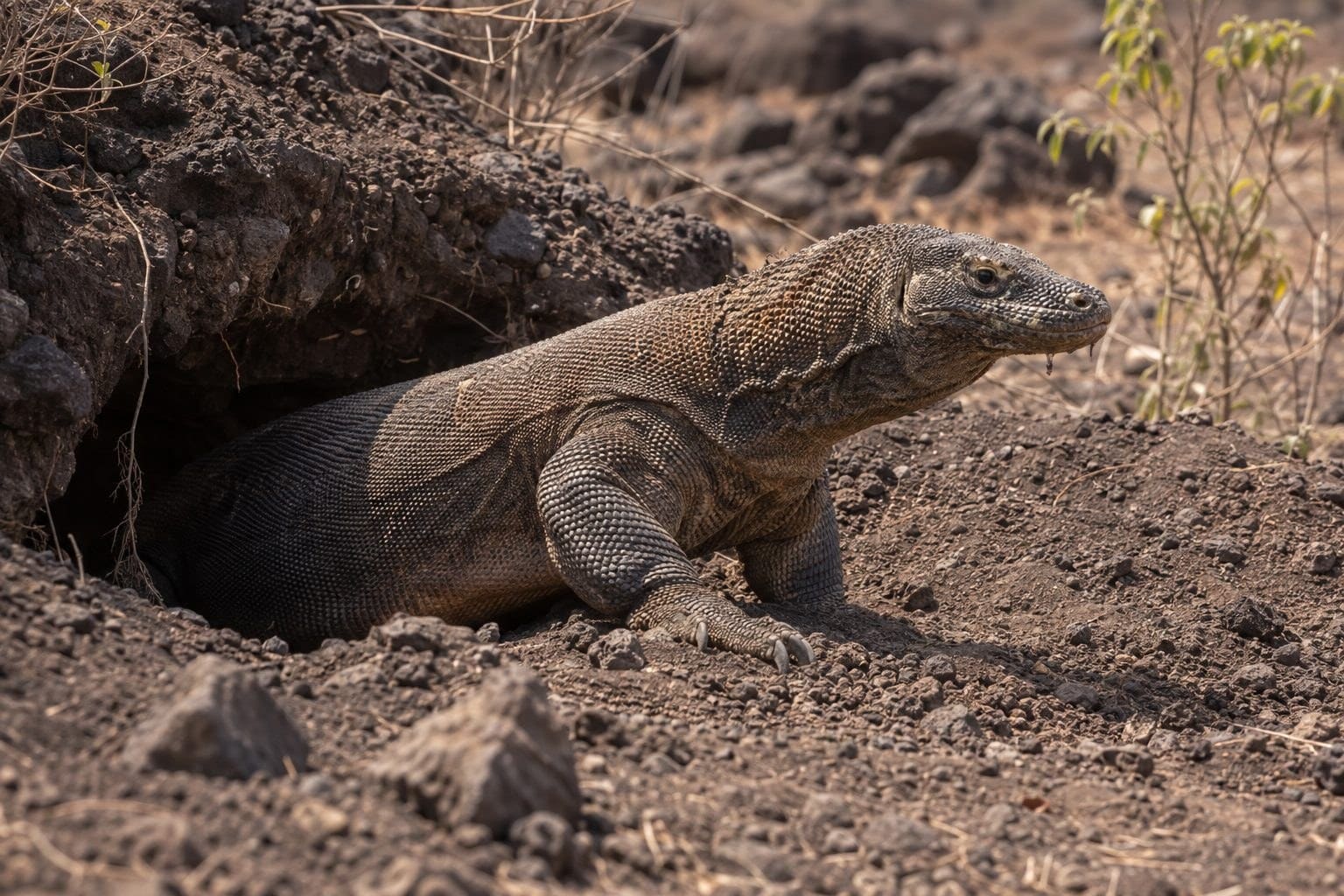 Dragon de Komodo femelle près d'une terrier ou galerie souterraine