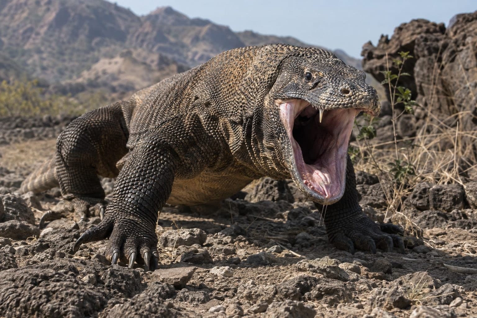 Dragon de Komodo en action de chasse ou d'attaque, gueule ouverte menaçante