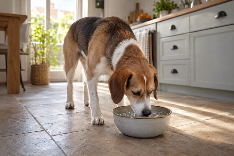 Un chien de taille moyenne buvant dans sa gamelle remplie d'eau du robinet à l'intérieur d'une cuisine française moderne