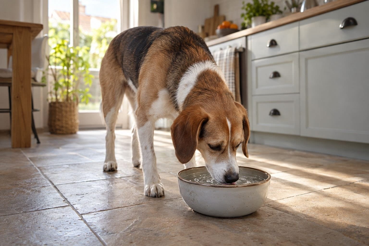 Un chien de taille moyenne buvant dans sa gamelle remplie d'eau du robinet à l'intérieur d'une cuisine française moderne
