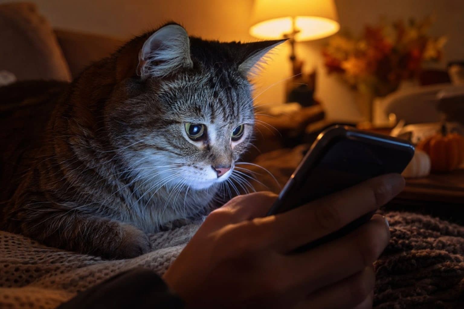 Un chat gris observant intensément l'écran illuminé d'un smartphone tenu en main dans un salon sombre en soirée d'automne