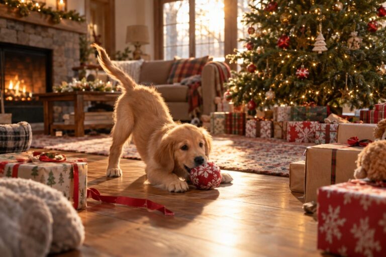 Un chiot joueur dans un salon décembre avec sapin de Noël et cadeaux, incarnant l'accueil festif et l'improvisation éducative