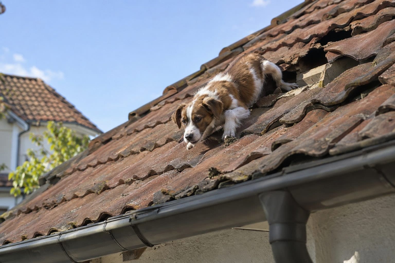 Un chiot effrayé s'échappant par un trou dans la toiture et grimpant sur le toit d'une maison