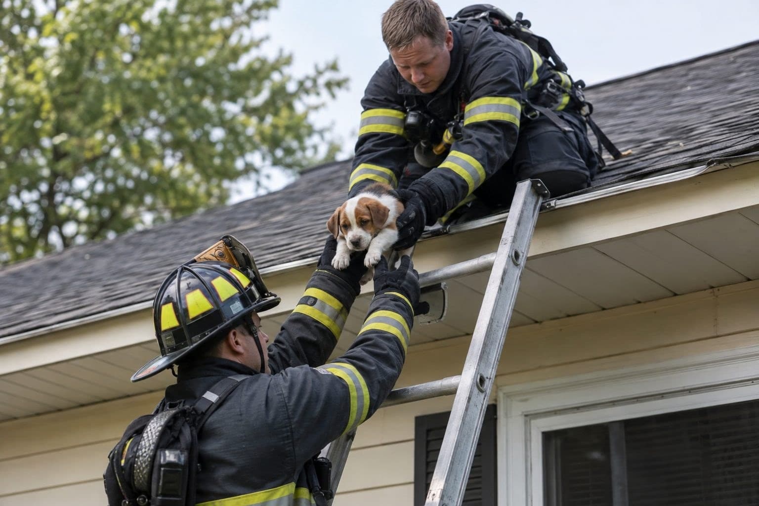 Des pompiers secourant un chiot du toit d'une maison et le ramenant au sol