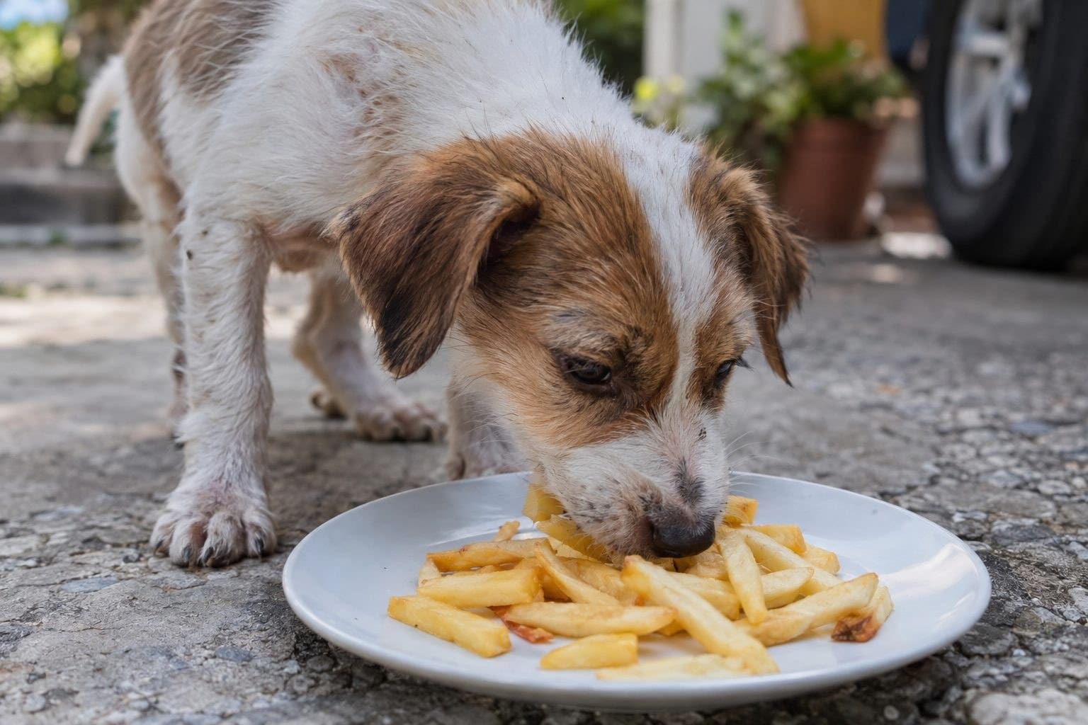 Un jeune chiot affamé dévorant avec enthousiasme une assiette de frites après son sauvetage