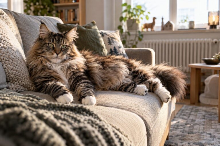 Un chat nordique (Maine Coon ou Norvégien) allongé confortablement sur un canapé dans un salon chaud d'appartement français, radiateur visible en arrière-plan, démontrant son adaptation à la chaleur intérieure malgré sa fourrure épaisse