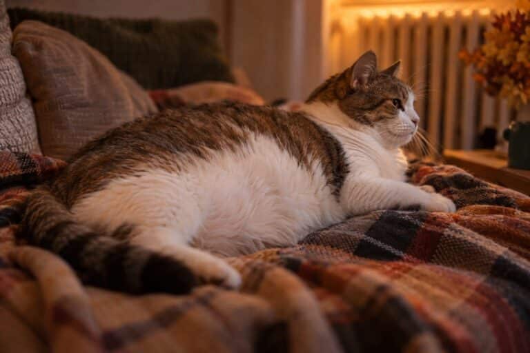 Un chat domestique en surpoids allongé confortablement sur un canapé avec un plaid, vu de côté montrant sa silhouette arrondie