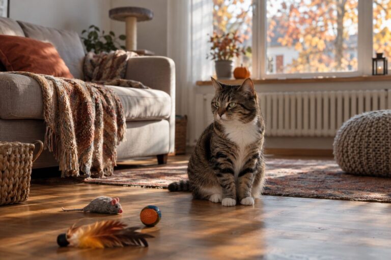 Un chat gris assis immobile au sol, ignorant ses jouets éparpillés autour de lui, près d'une fenêtre d'automne avec des feuilles mortes visibles dehors