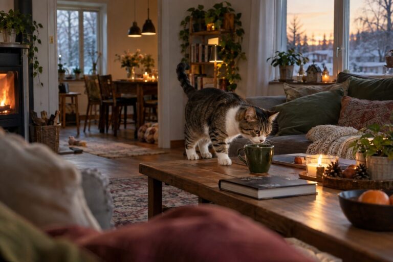 Chat domestique curieux explorant un intérieur de maison avec divers objets du quotidien potentiellement dangereux