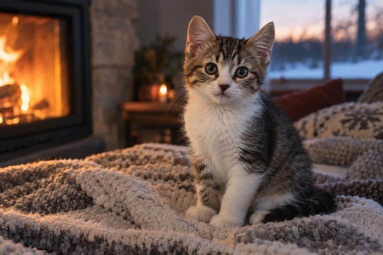 Un chaton de race facile à adopter regardant curieusement vers l'avant dans une ambiance chaleureuse d'intérieur hivernal