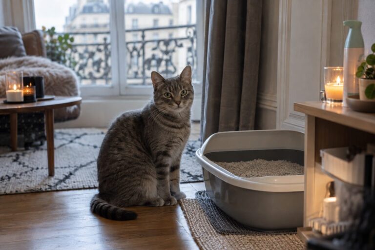 Un chat gris assis près d'une litière dans un petit appartement parisien moderne, avec des bougies parfumées et un spray d'ambiance visibles en arrière-plan, pendant la période hivernale