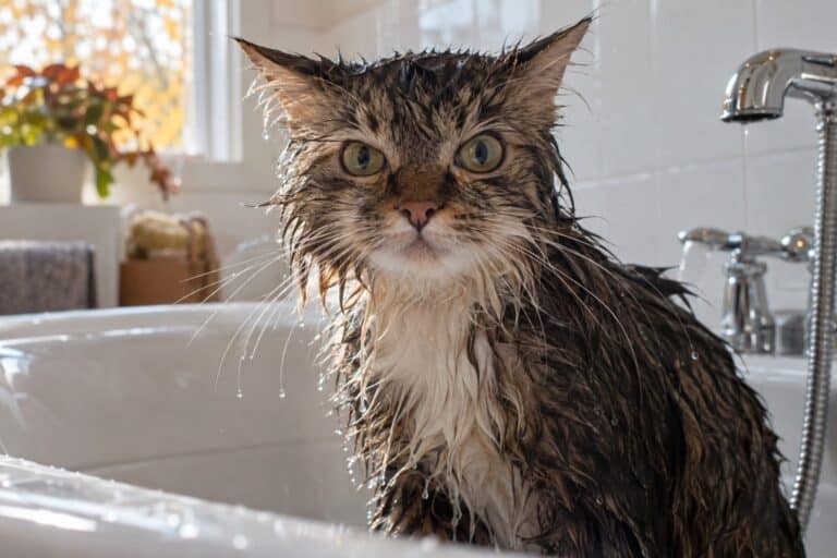 Une chatte domestique mouillée et dégoulinante d'eau dans une salle de bains, assise dans une baignoire ou près d'un lavabo, avec une expression désemparée