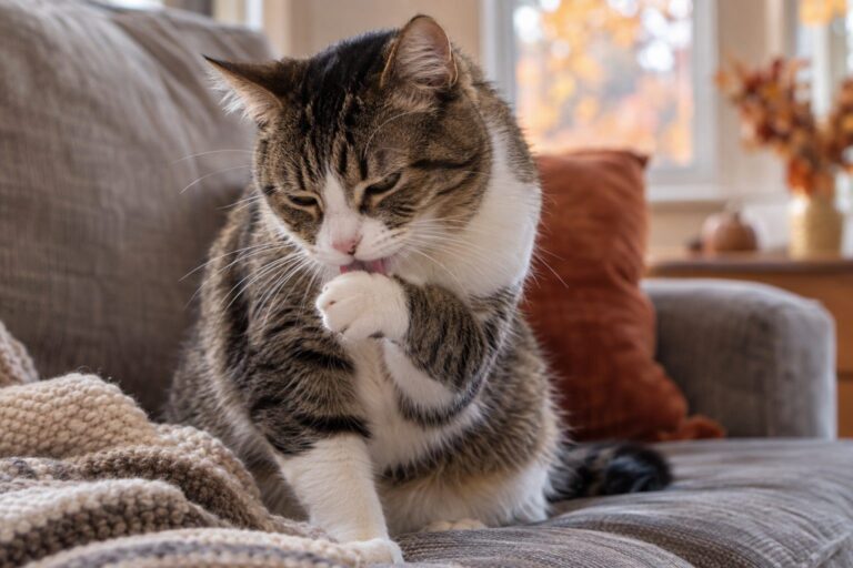 Un chat domestique en train de se lécher la patte sur un canapé en intérieur, en début d'automne