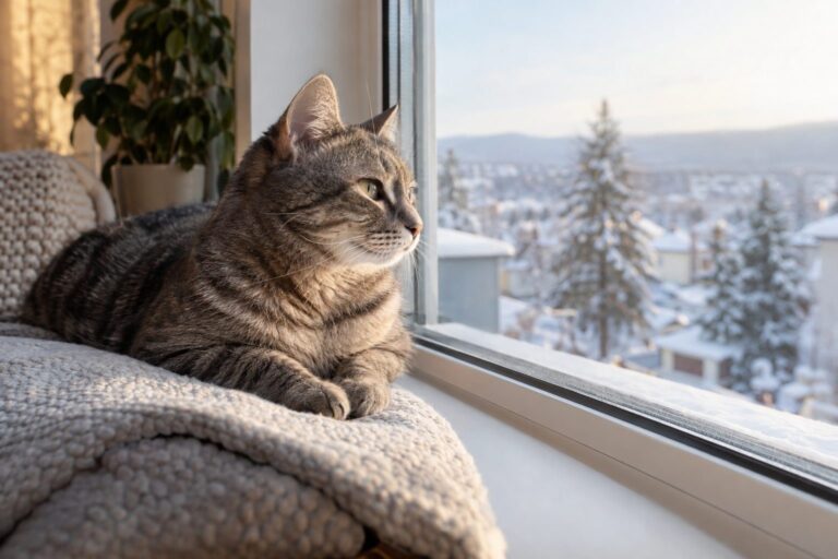 Un chat européen gris tabby confortablement installé sur un rebord de fenêtre d'appartement en hiver, regardant dehors avec sérénité tandis que la neige tombe légèrement