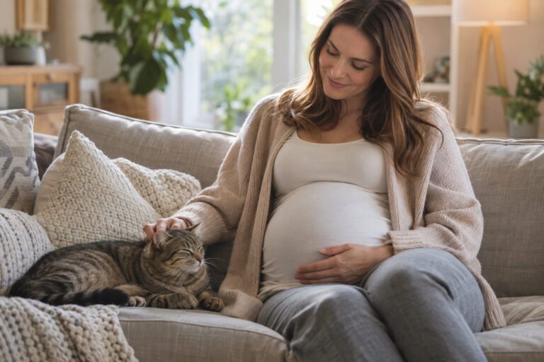 Une femme enceinte assise confortablement sur un canapé qui caresse tendrement son chat domestique à côté d'elle