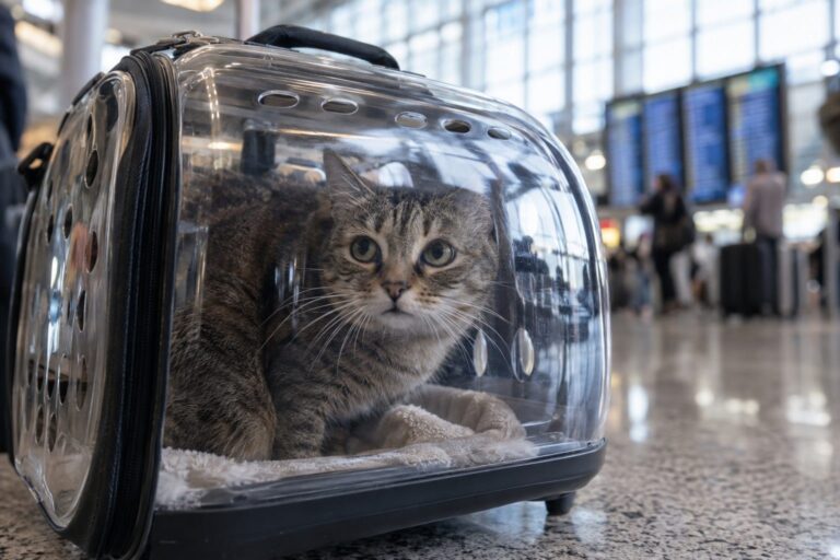 Un chat gris tabby assis dans une caisse de transport en plastique transparent, l'air légèrement inquiet, dans un hall d'aéroport moderne avec des voyageurs flous en arrière-plan