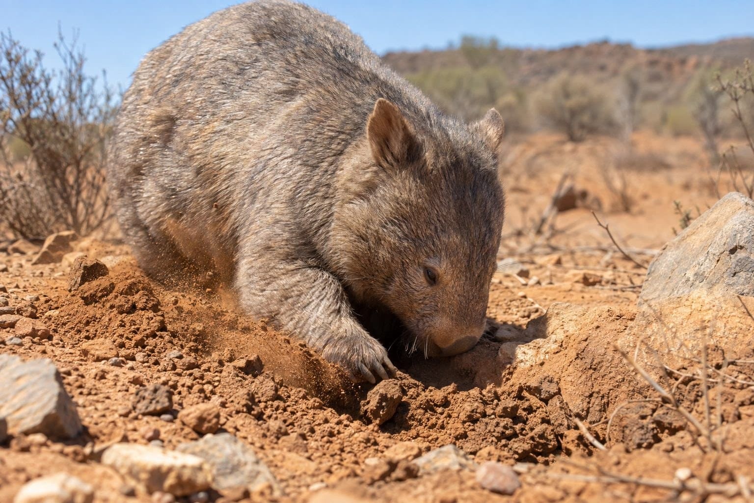 Un wombat creusant activement un grand trou dans le sol aride australien pour trouver de l'eau