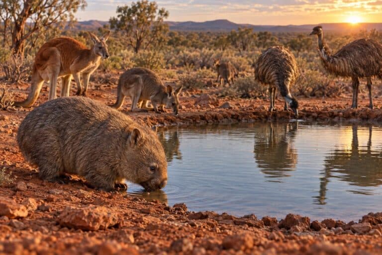 Un point d'eau souterrain creusé par des wombats en Australie, où plusieurs espèces animales se rassemblent pour boire