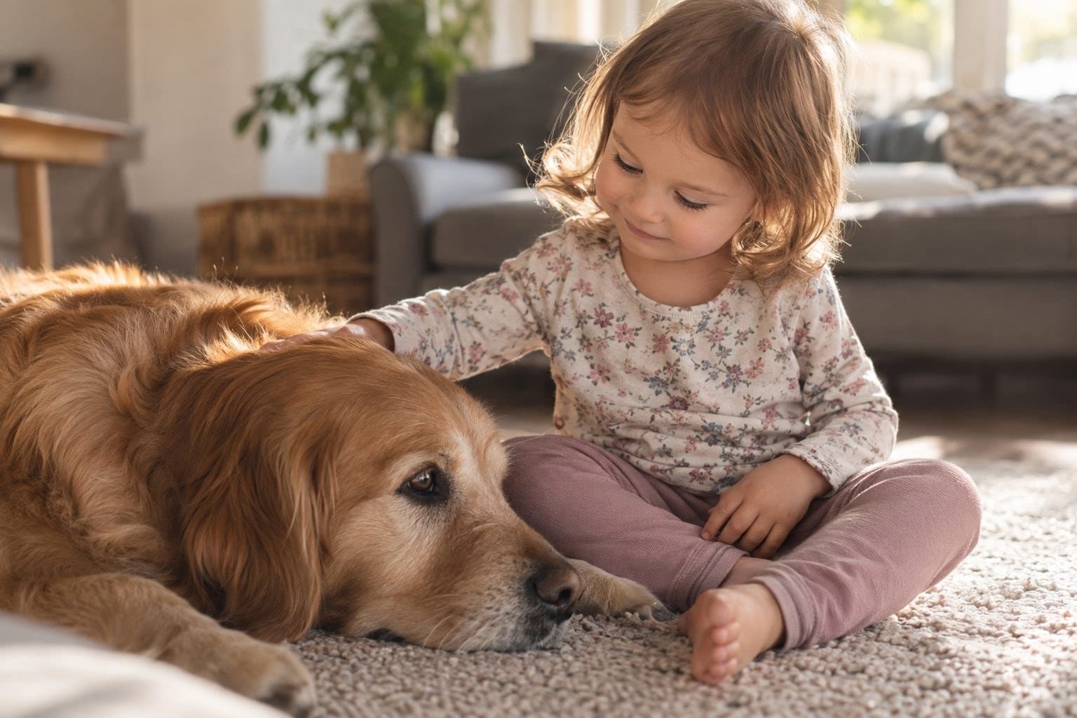 Enfant en bas âge assis près d'un chien couché au sol dans un salon moderne, moment de calme observé de près