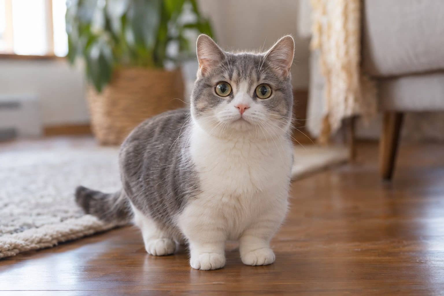Chat Munchkin assis de face, montrant sa petite taille, sa tête ronde et ses grands yeux expressifs