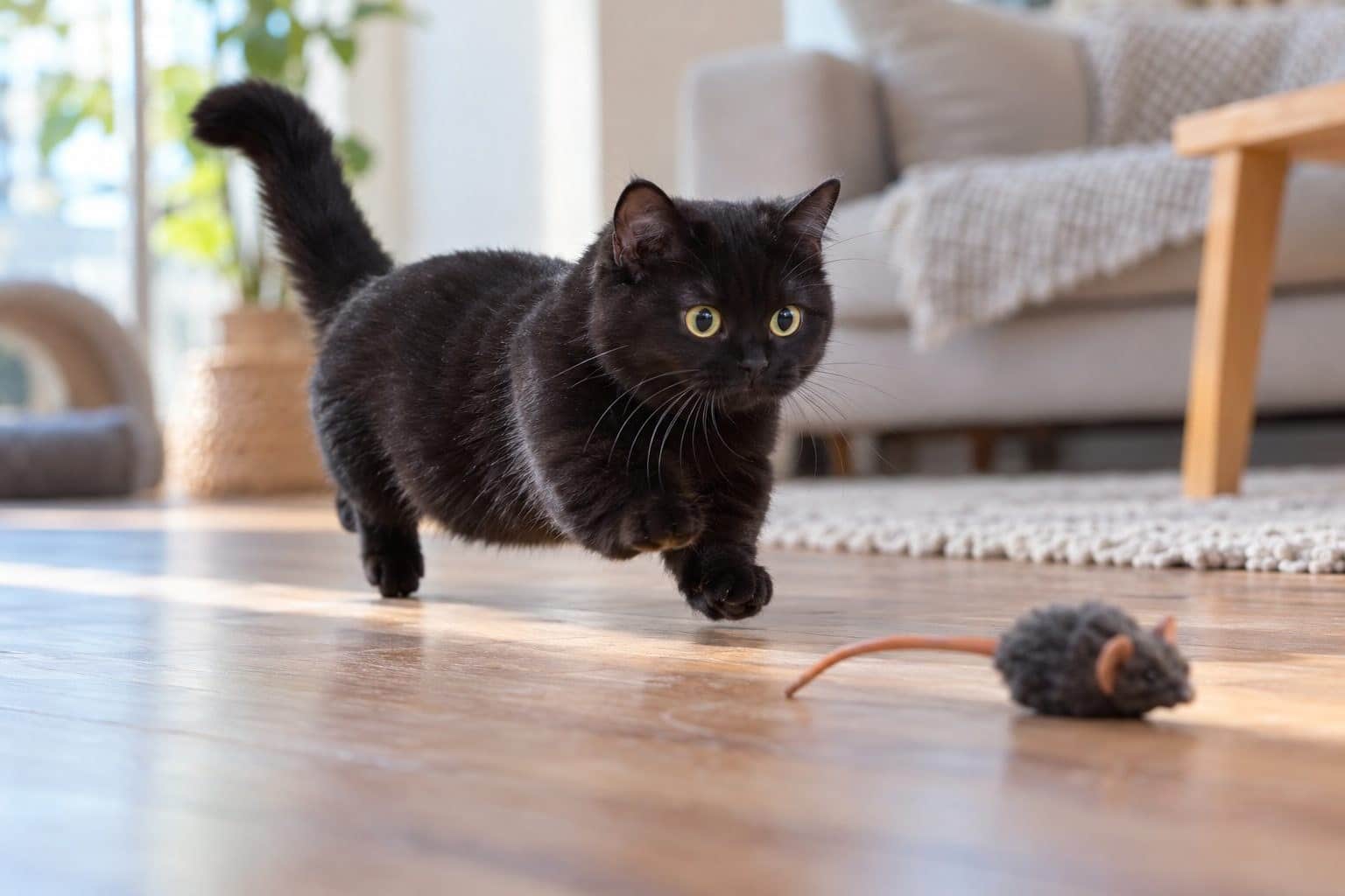 Chat Munchkin en action, courant ou jouant, montrant son agilité malgré ses pattes courtes
