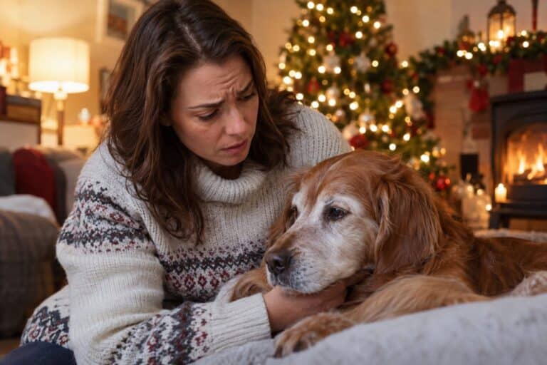 Un propriétaire anxieux observant son chien avec une expression préoccupée pendant la période de Noël