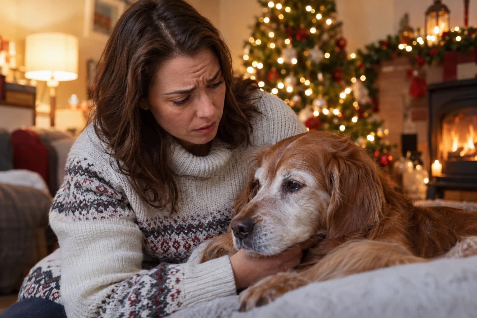 Un propriétaire anxieux observant son chien avec une expression préoccupée pendant la période de Noël