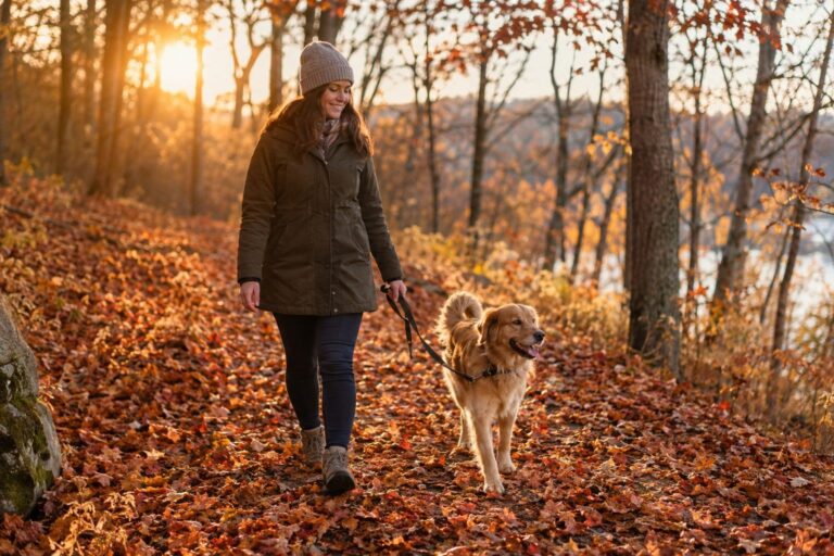 Un chien de taille moyenne en promenade automnale dans un parc, marchant joyeusement aux côtés de son maître sur un sentier bordé de feuilles dorées et rouges