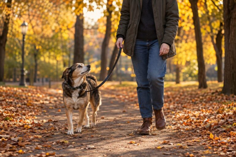 Un chien adulte de refuge et son nouveau propriétaire en train de se découvrir lors d'une première promenade automnale en parc urbain, moment de connexion émotionnelle et de début d'apprivoisement mutuel