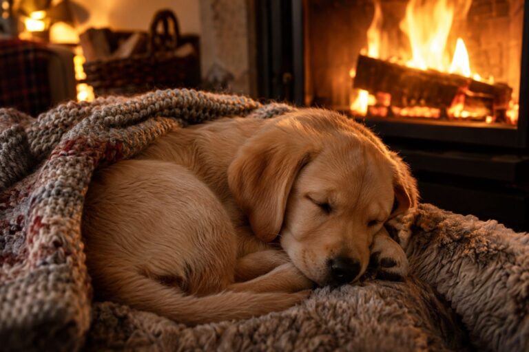 Un chiot Golden Retriever ou Labrador blond endormi près d'une cheminée allumée en hiver, enveloppé dans une couverture douillette