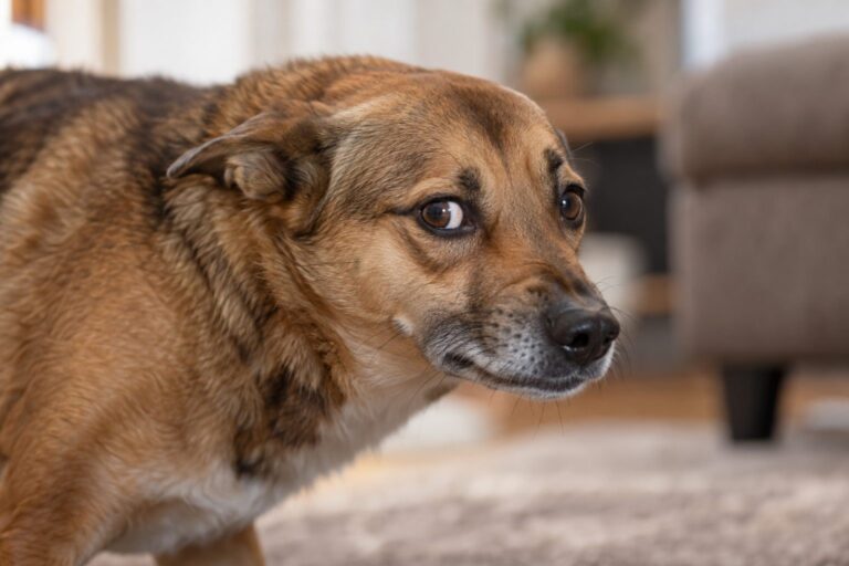 Gros plan sur la tête et les oreilles d'un chien (Canis familiaris) montrant des signes de stress ou de soumission, avec les oreilles baissées et l'expression tendue, dans un intérieur domestique