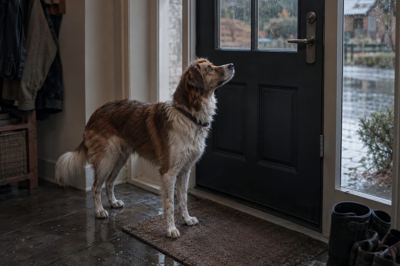 Un chien impatient attendant sa laisse à la porte d'entrée par un soir gris et humide de décembre