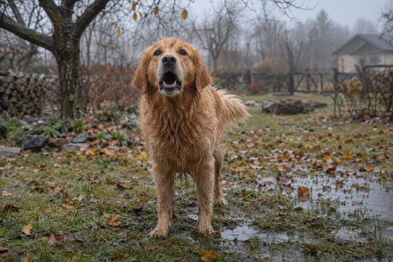 Un chien Golden Retriever qui aboie intensément dans un jardin automnal gris et humide
